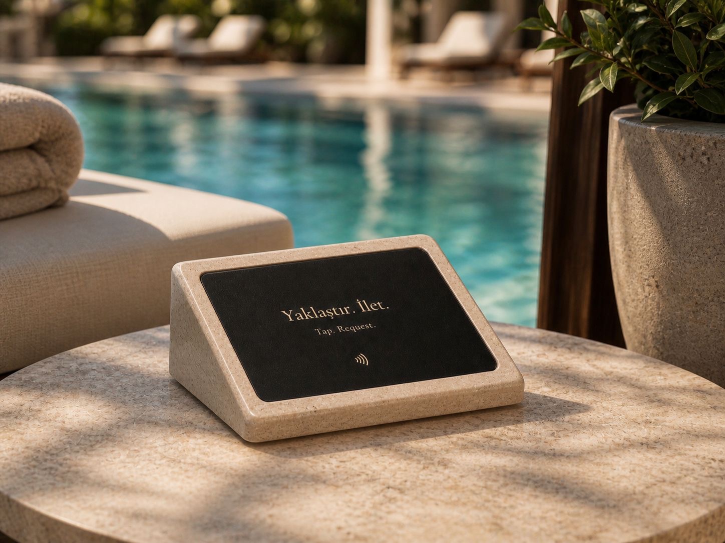 Havuz kenarında Carte NFC pad'i — yaklaştır, ilet
